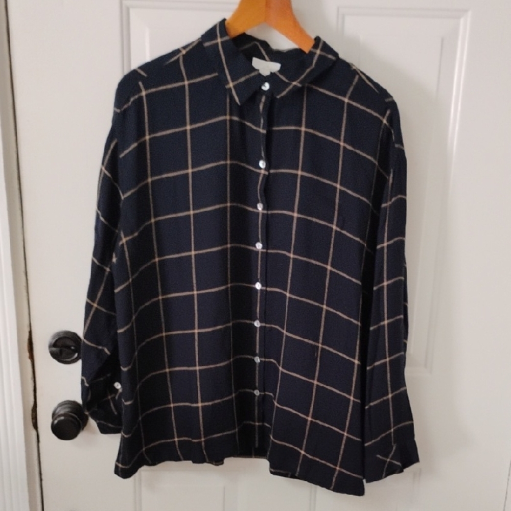 J. Jill Woman's Navy and Tan Checkered Shirt.